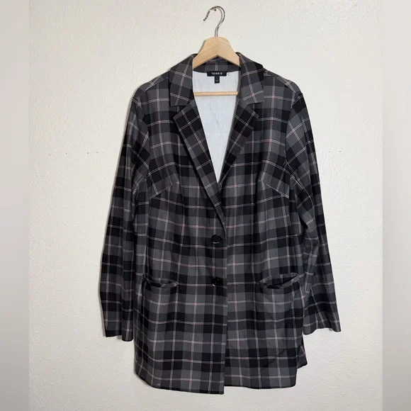 Torrid Lightweight Ponte Longline Plaid Black Gray Blazer Jacket Size 1 - Picture 5 of 7